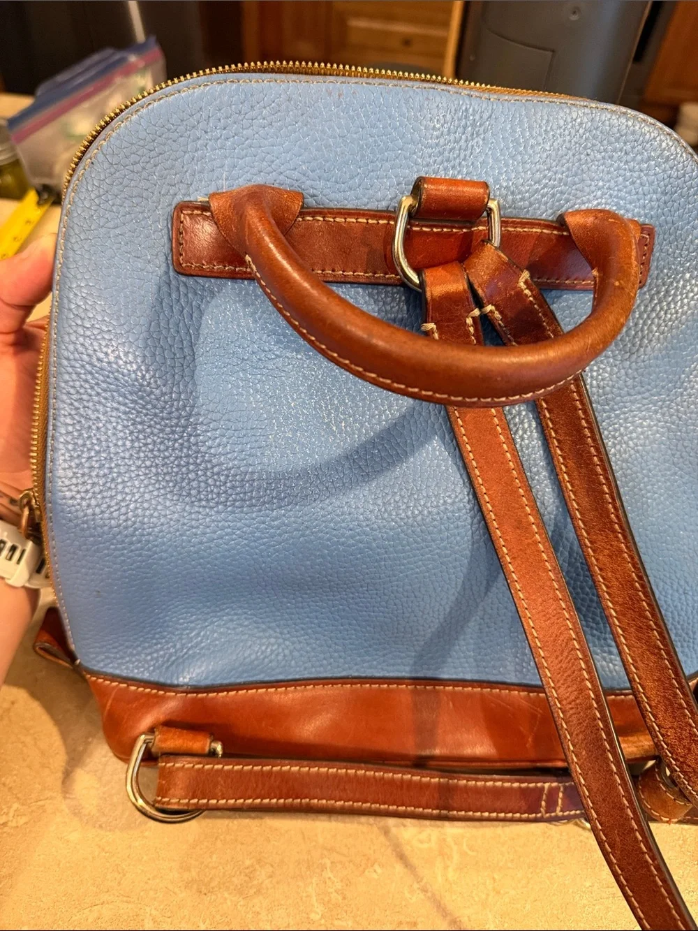 Dooney & Bourke Light Blue Leather Backpack with Brown Trim